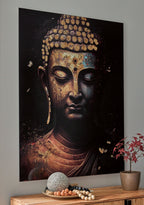 Black and gold Buddha face wall art print with ornate jeweled crown