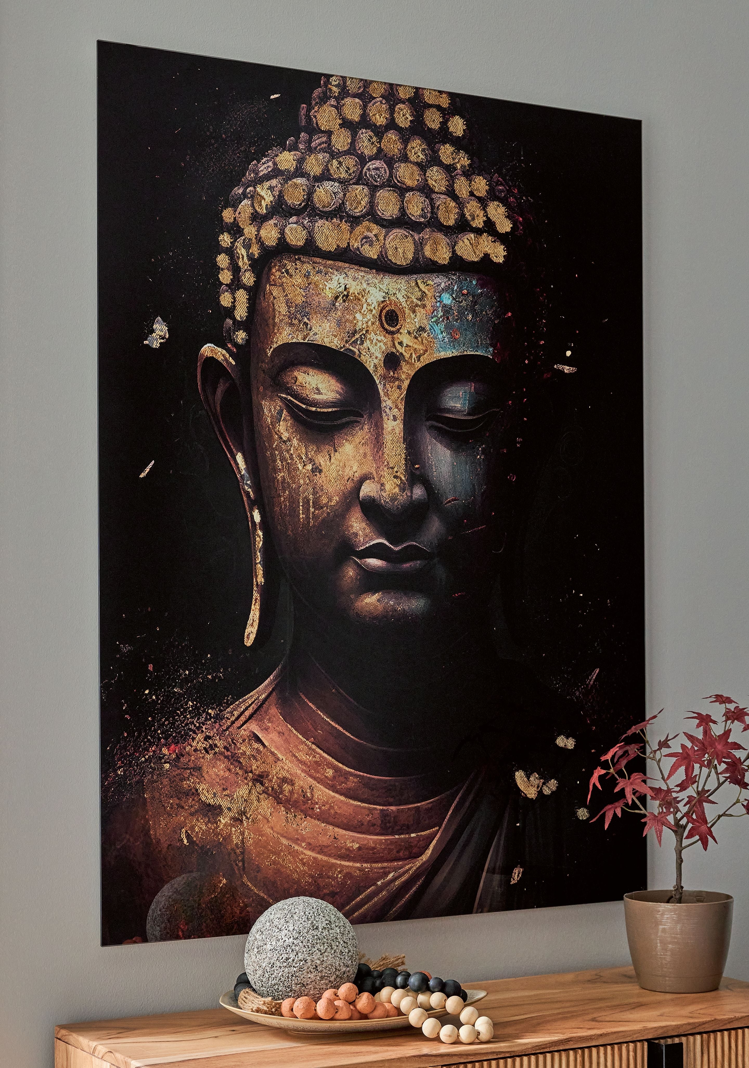 Black and gold Buddha face wall art print with ornate jeweled crown