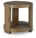 Light brown round end table with lower shelf and thick turned legs