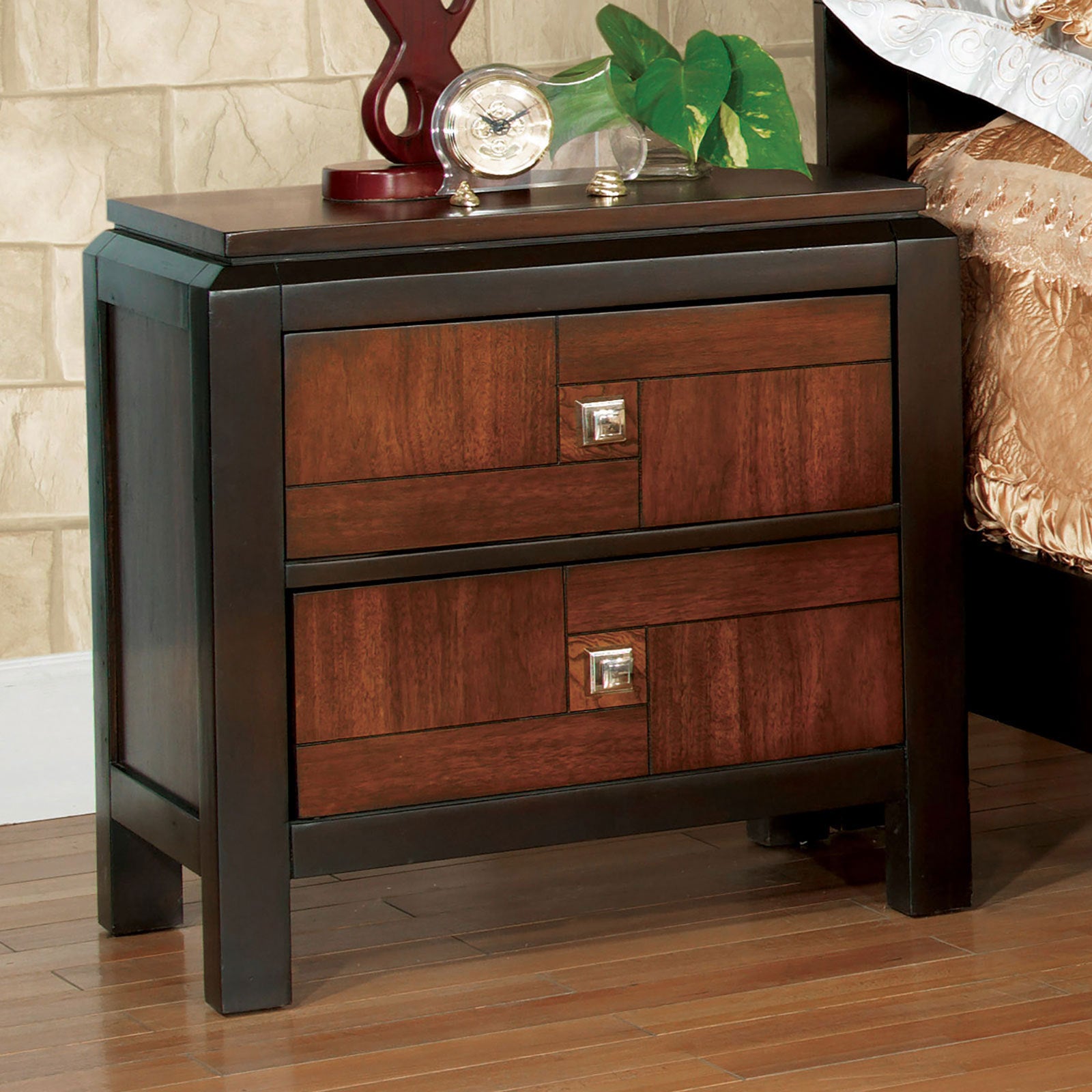 Acacia Walnut Solid Wood Transitional 2-Drawer Nightstand - Multitone