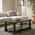 Dark brown rectangular end table with lower shelf, turned legs, and distressed wood look