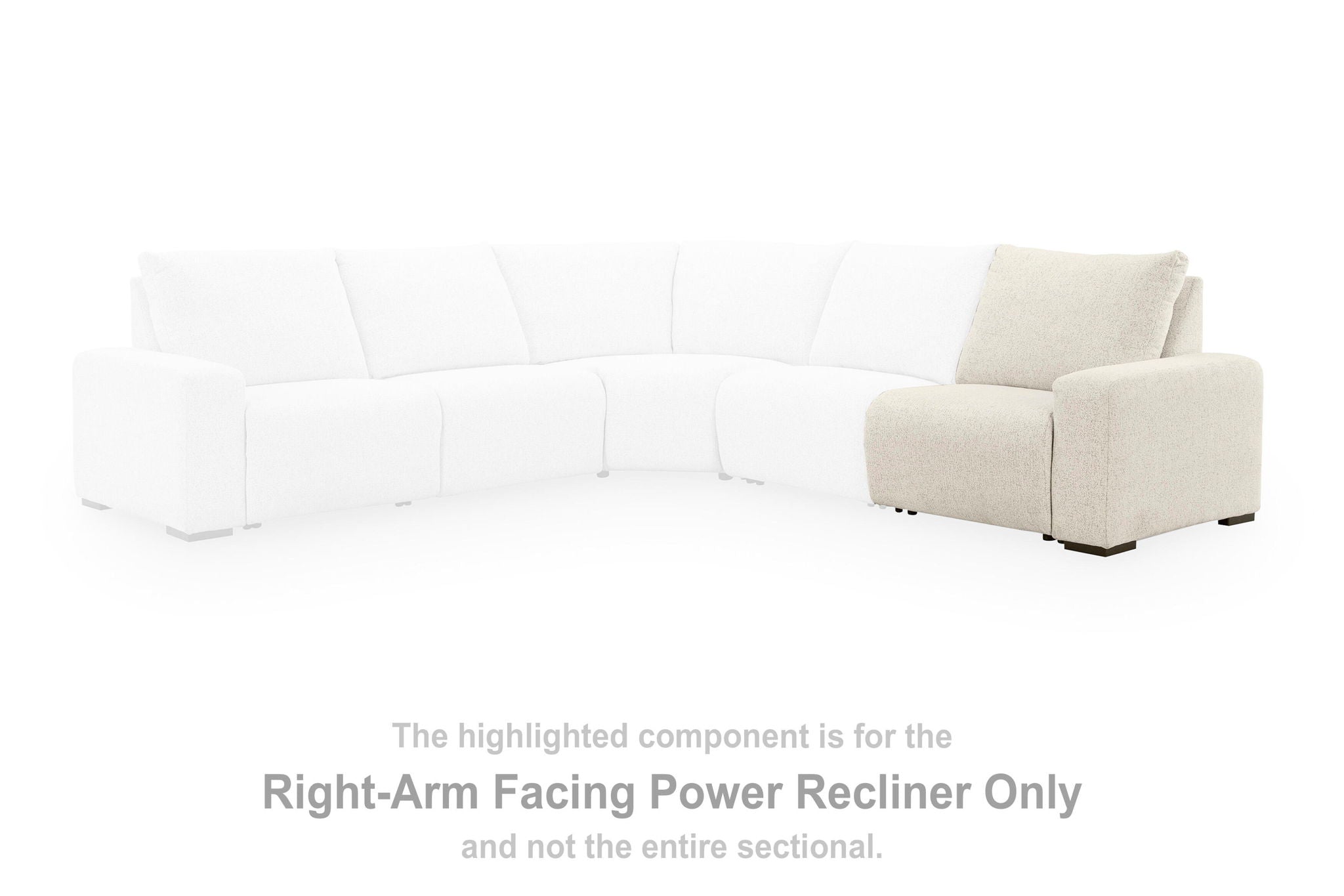 Light beige sectional recliner ottoman end, right-arm facing, fabric upholstery