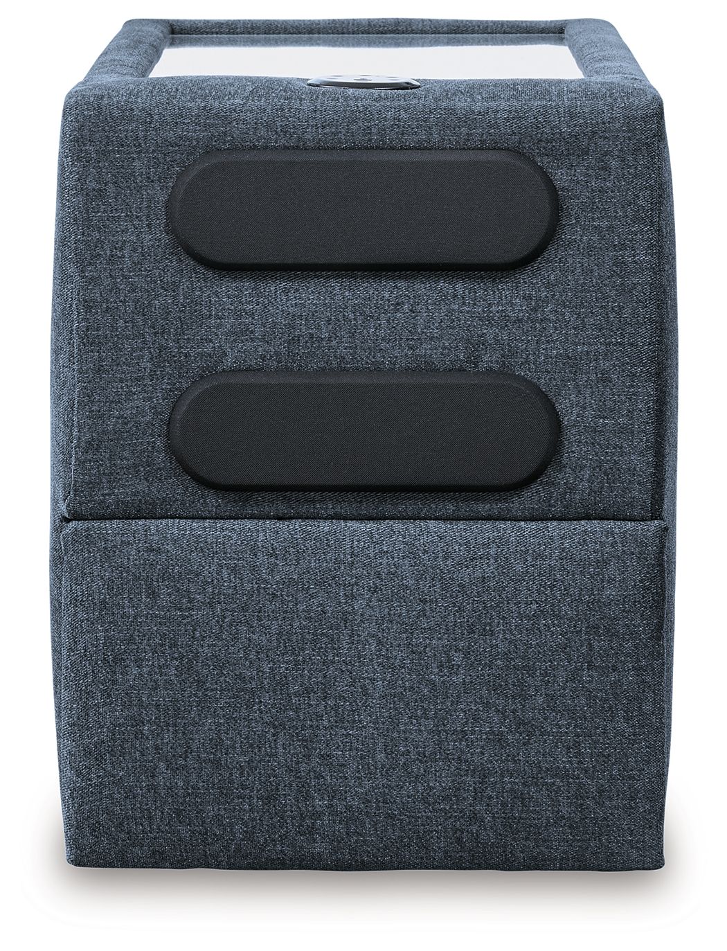 Ink blue fabric console with two black speaker grilles on front panel