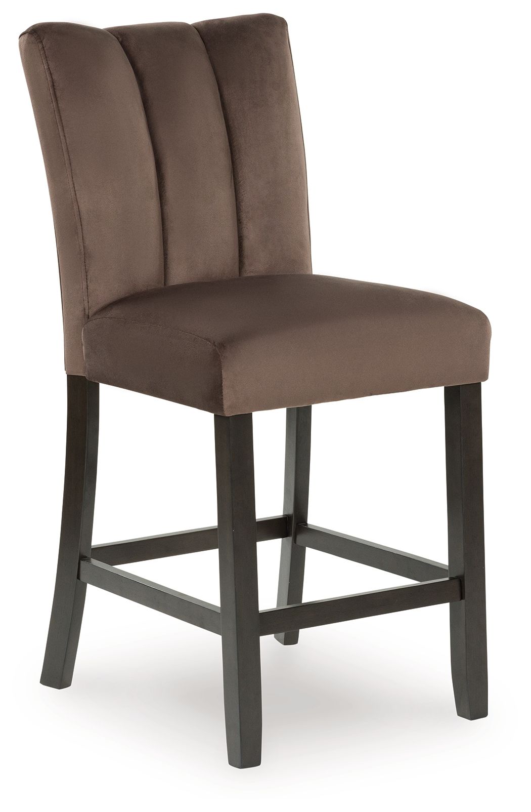 Mocha upholstered barstool with padded tall back and dark wooden legs