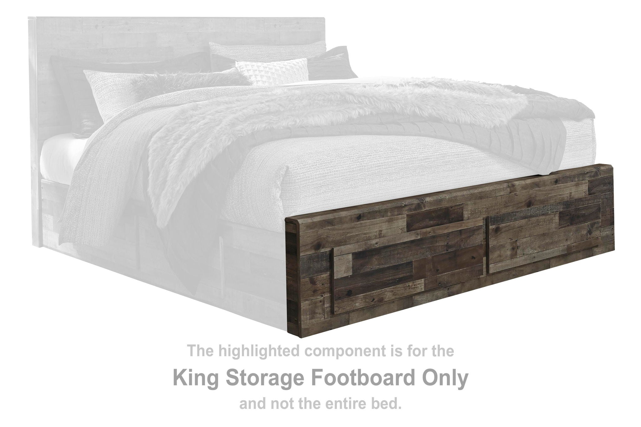 King storage footboard in dark multi gray wood panels
