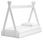 White tent bed with attached mattress and pillow, front-facing angle