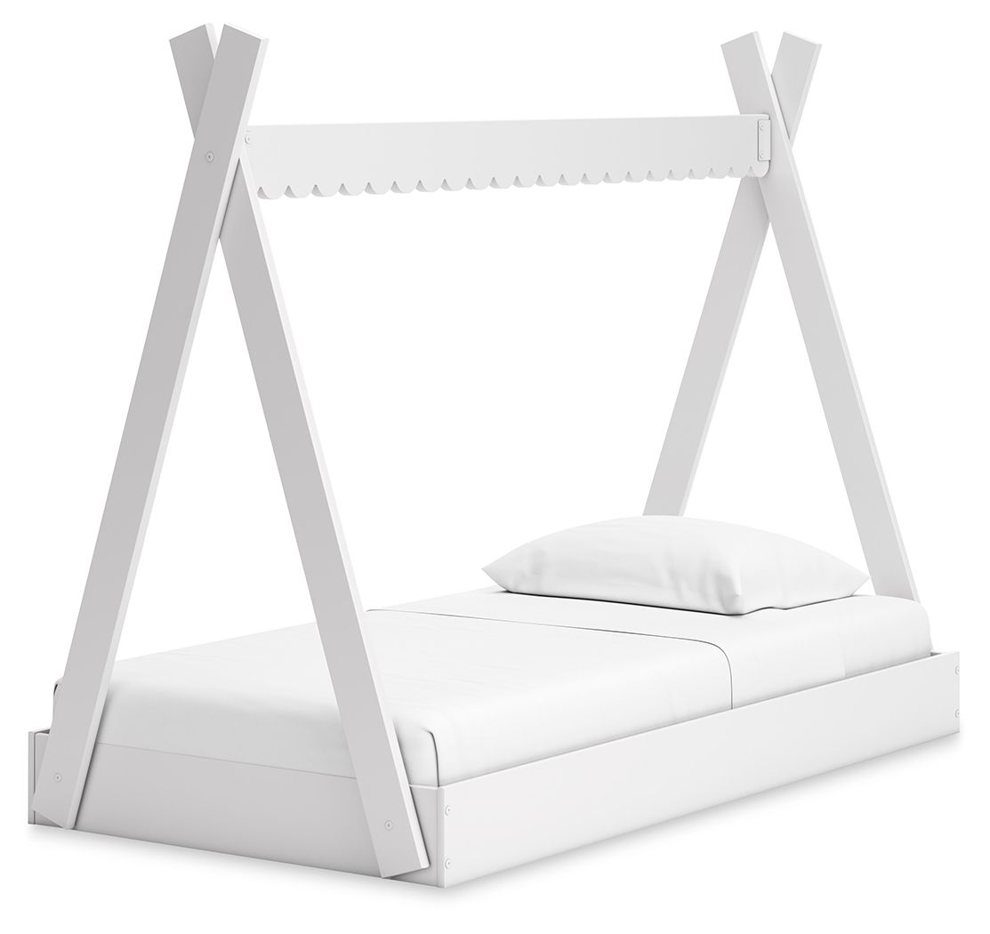 White tent bed with attached mattress and pillow, front-facing angle