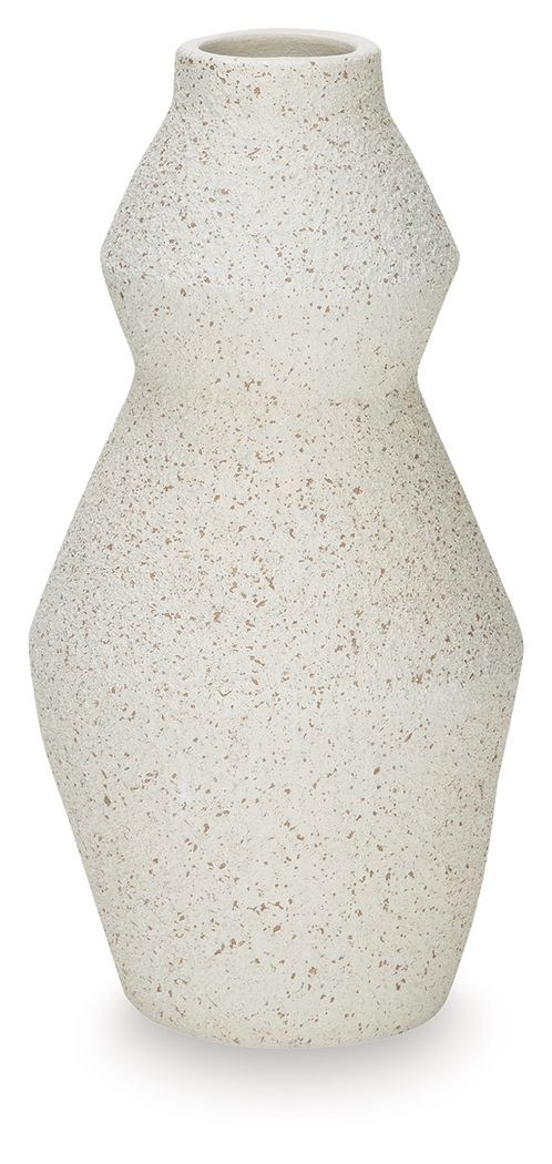 Dawthorne vase in speckled white with taller hourglass silhouette and narrow opening