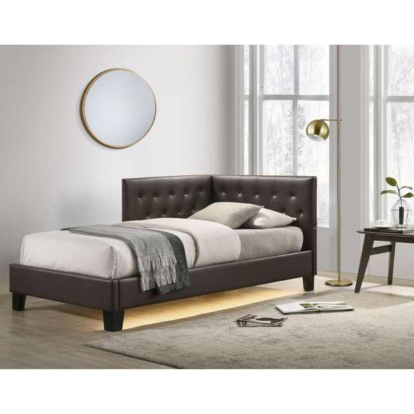 Julesburg Corner Twin Bed Brown PU Upholstered Platform Frame