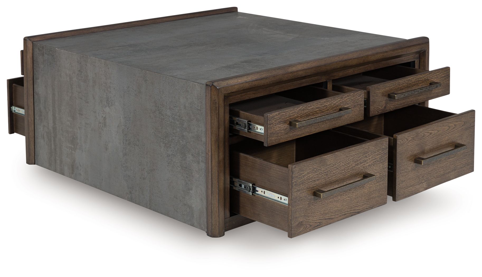 Square cocktail table with gray body and multiple brown drawers pulled out