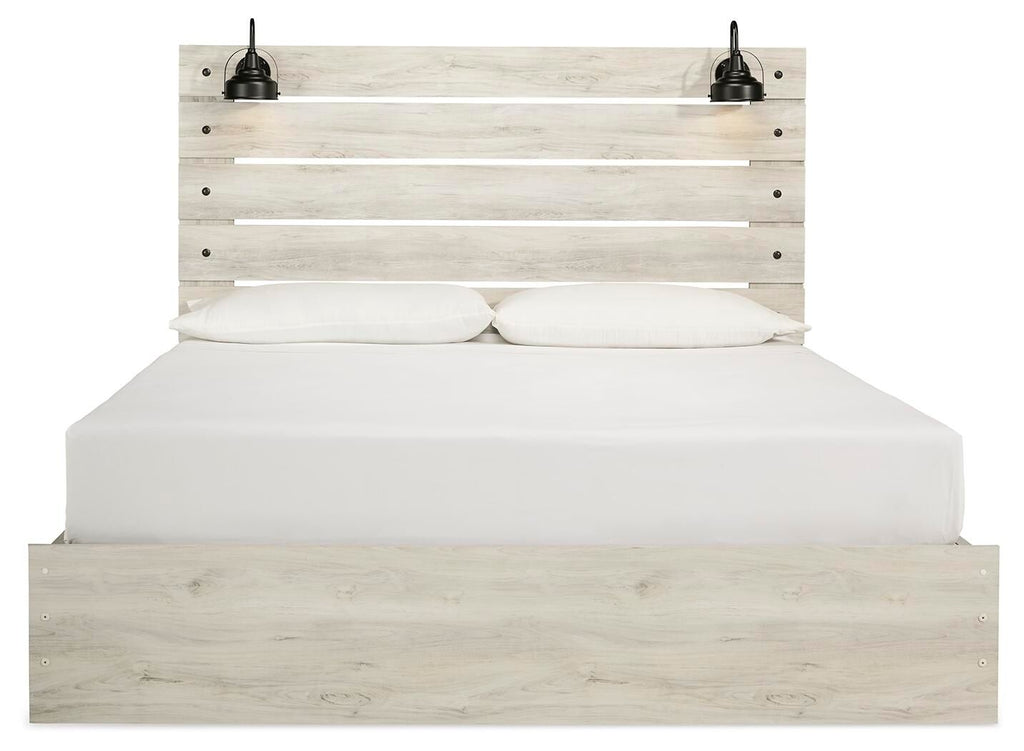 Light beige panel bed with slat headboard and white mattress, two pillows