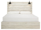 Light beige panel bed with slat headboard and white mattress, two pillows