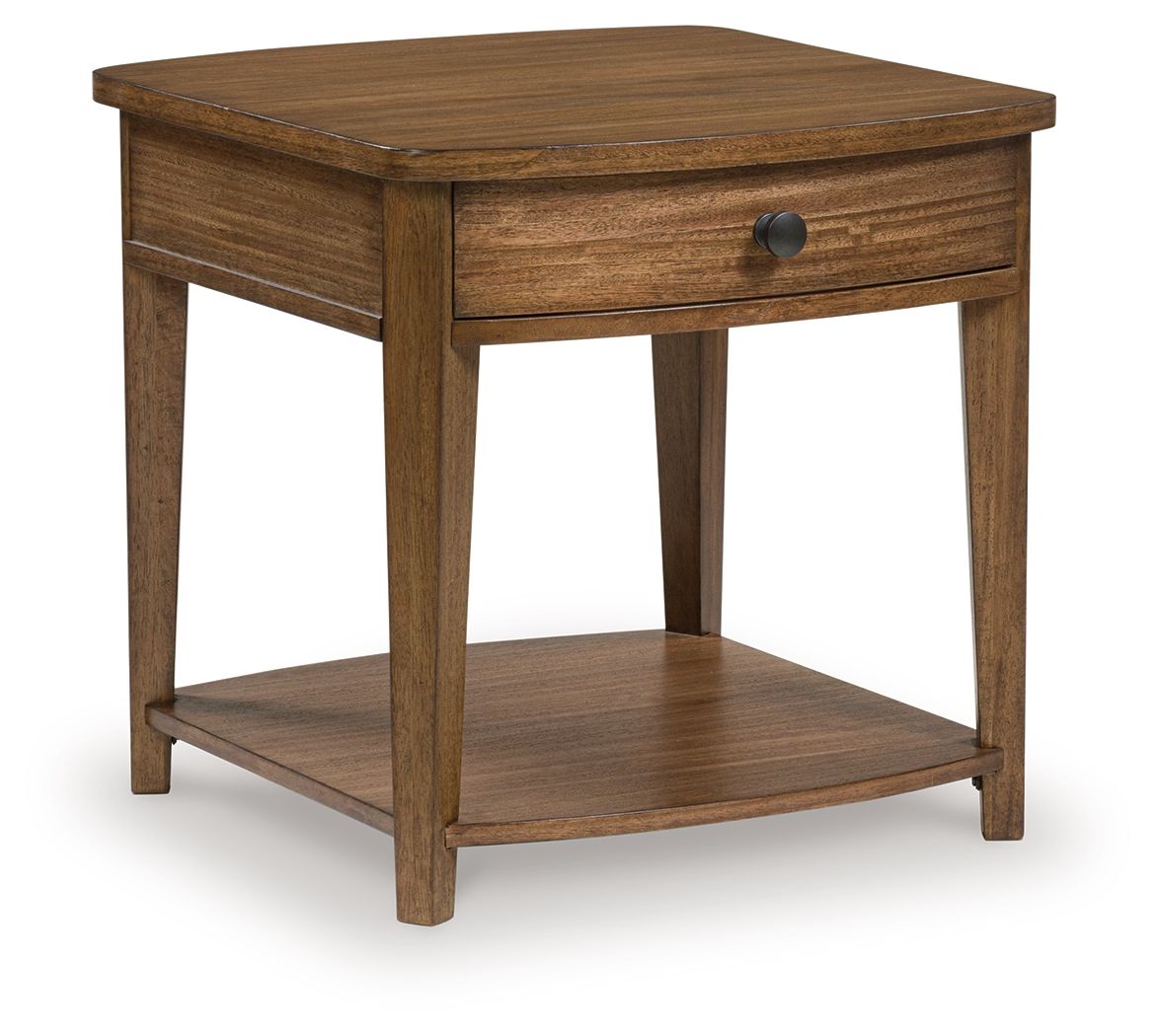 Light brown rectangular wooden end table with drawer and lower shelf.