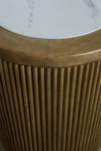 Round end table side detail: light brown fluted wood with white stone edge