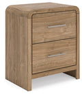 Warm natural brown wood two-drawer nightstand with curved top and metal bar pulls