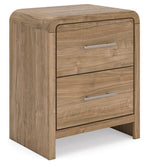 Warm natural brown wood two-drawer nightstand with curved top and metal bar pulls