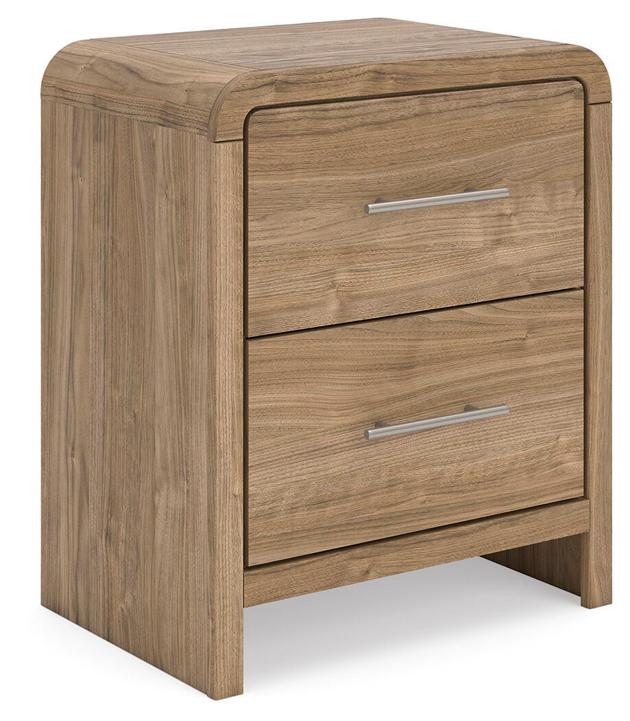 Warm natural brown wood two-drawer nightstand with curved top and metal bar pulls