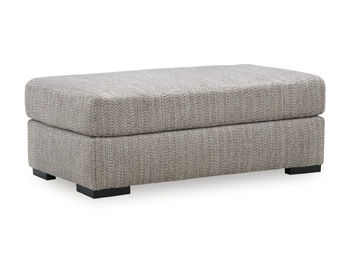 Lofwood Ottoman in textured gray fabric with square padded top and black feet