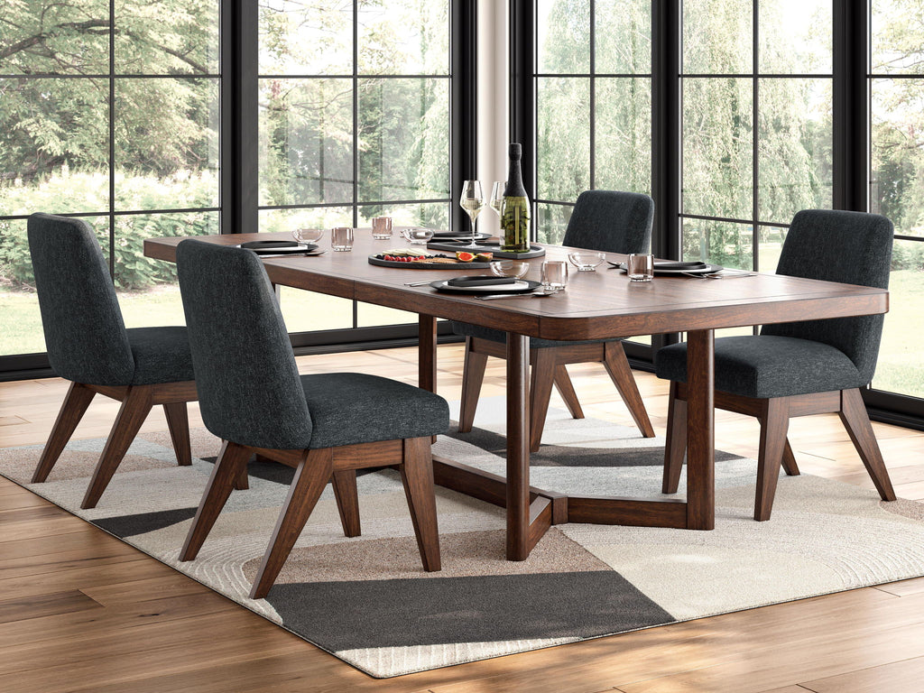 Dining table set in dark brown with four dark gray upholstered chairs and rug