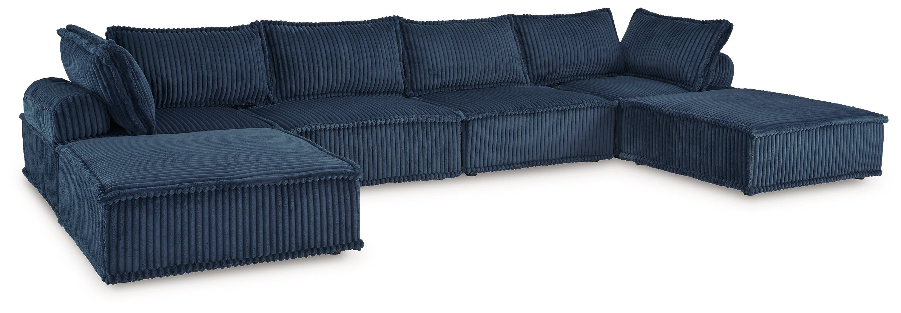 Navy modular sectional sofa with deep seats, back cushions, and chaise corner