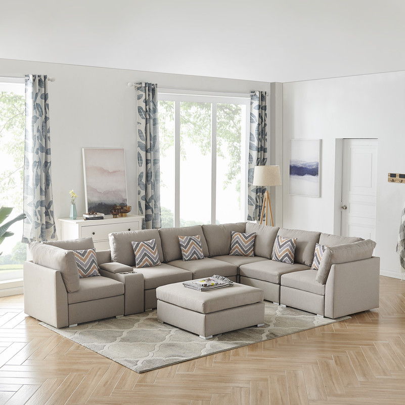 Lucy - Fabric Reversible Modular Sectional Sofa With Console And Ottoman - Beige