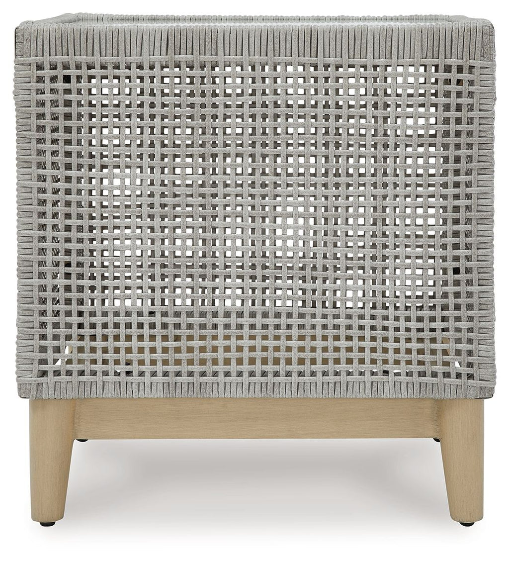 Gray woven wicker square end table with straight wooden legs and flat top