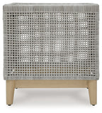 Gray woven wicker square end table with straight wooden legs and flat top