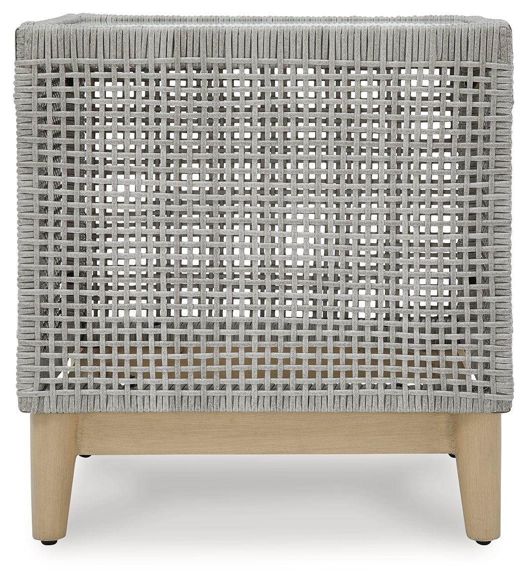 Gray woven wicker square end table with straight wooden legs and flat top
