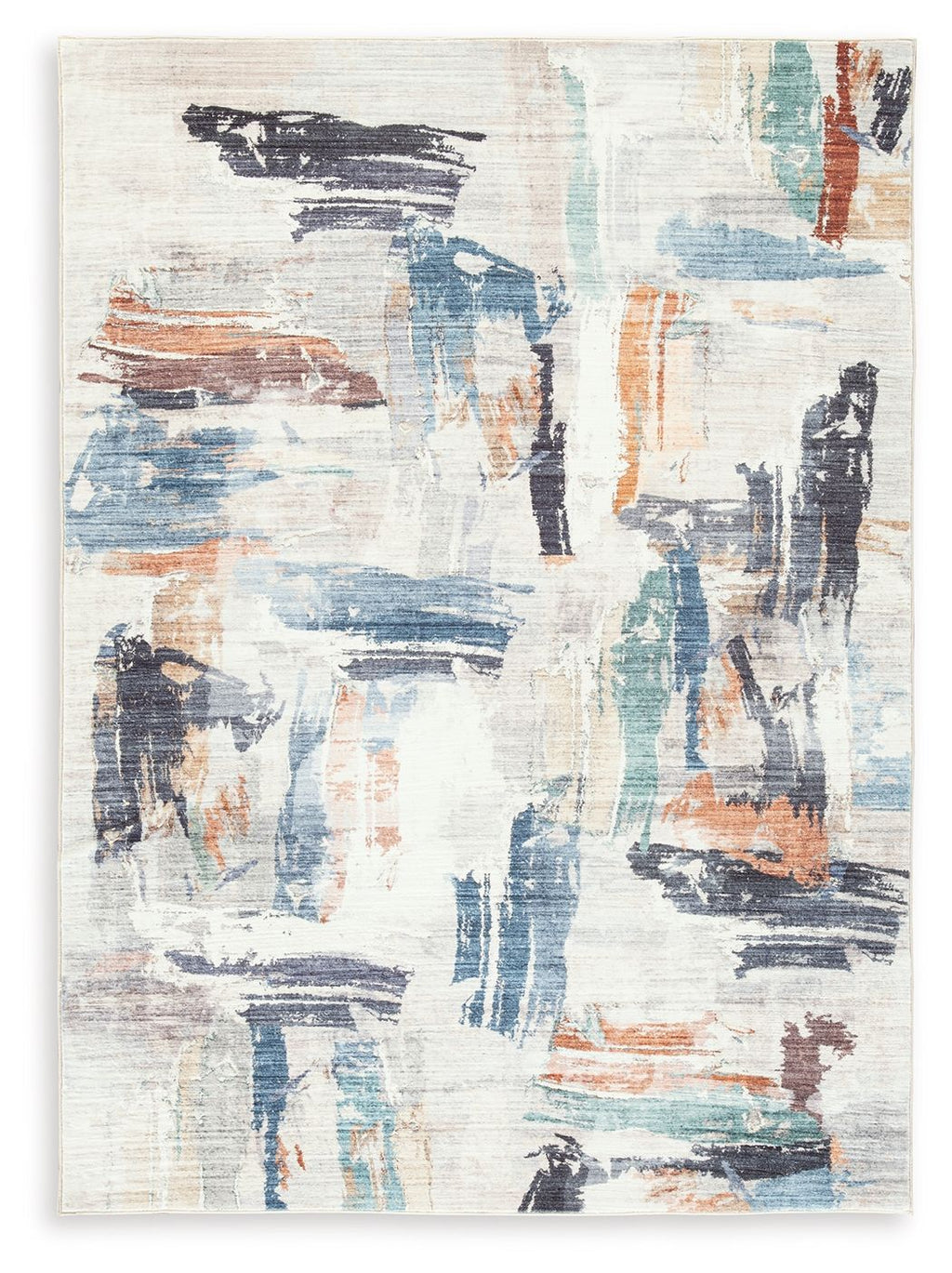Washable rug with abstract beige base and blue, rust, and charcoal brushwork