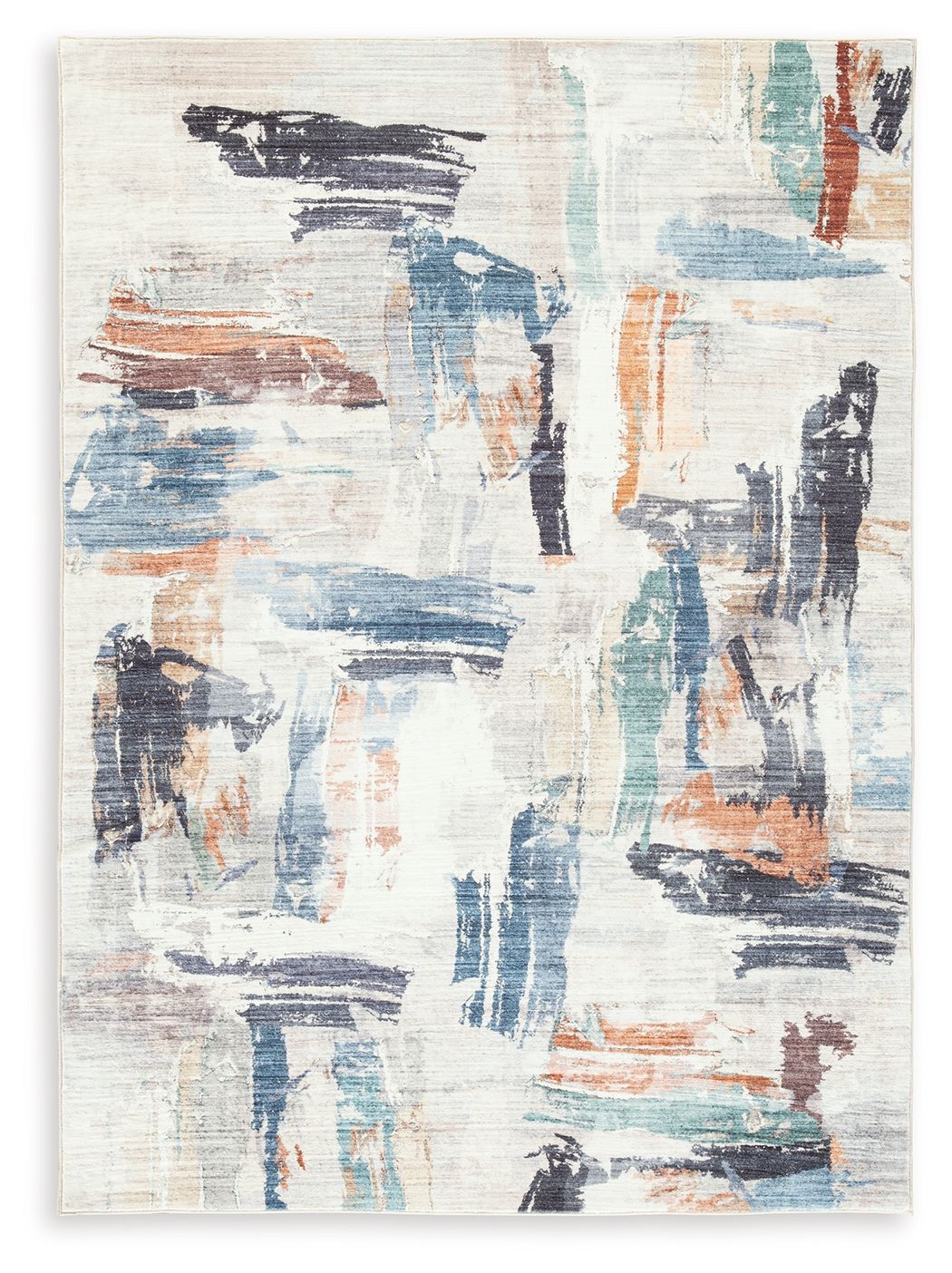 Washable rug with abstract beige base and blue, rust, and charcoal brushwork