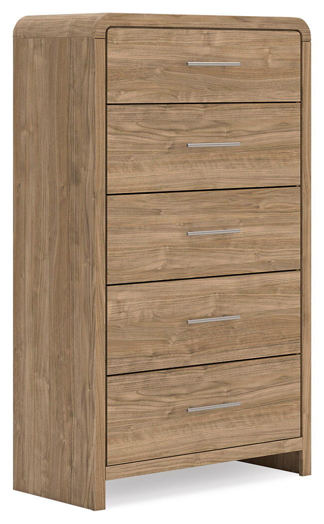 Five-drawer chest in warm natural brown wood with five metal bar pulls on front.