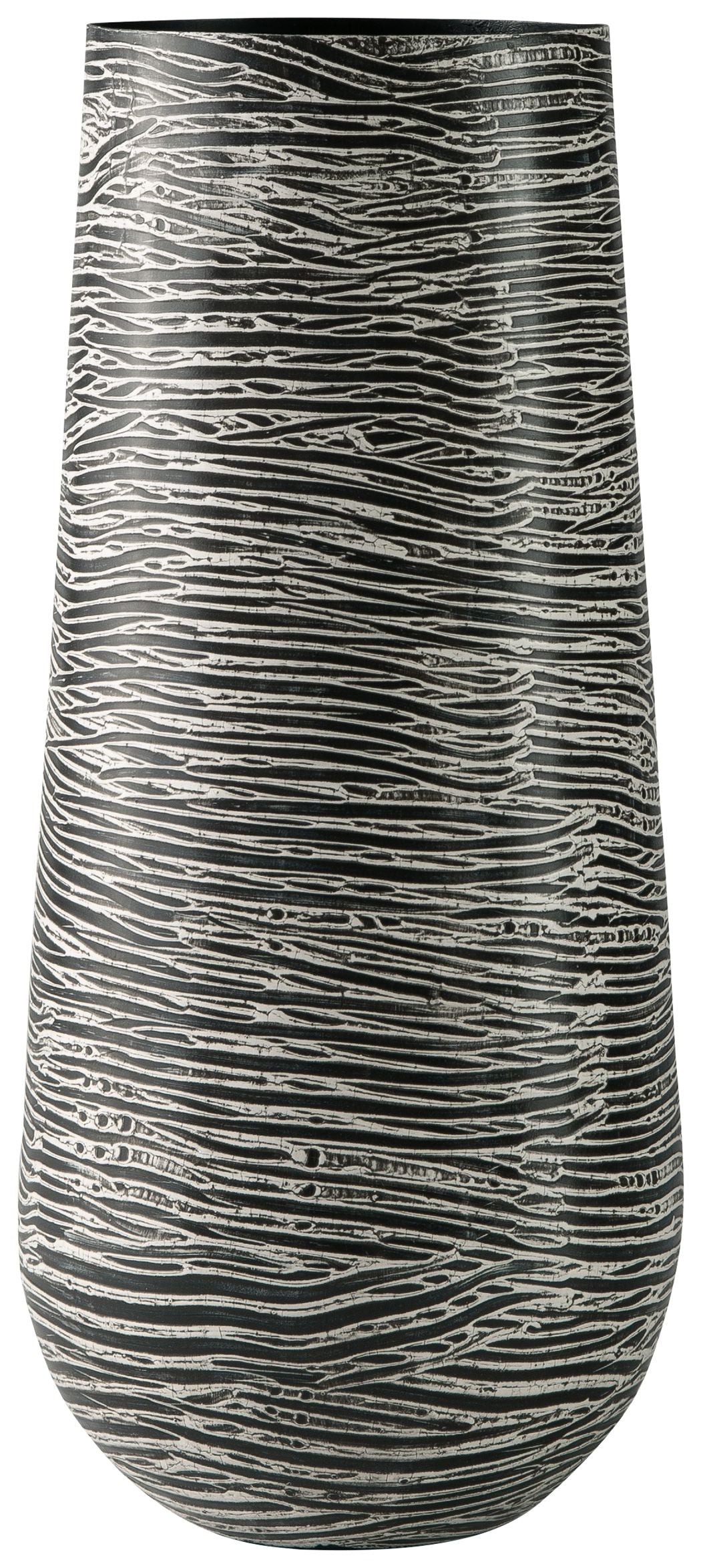 Tall ceramic vase in dark gray with light wavy etched pattern and ribbed texture.