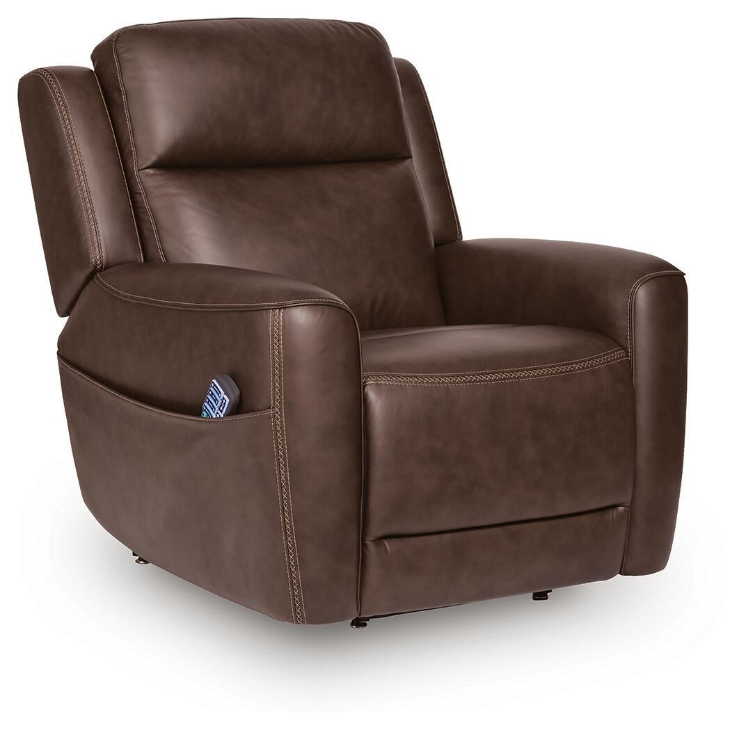 Power lift recliner in dark brown faux leather with wide armrests and tufted back