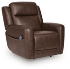 Power lift recliner in dark brown faux leather with wide armrests and tufted back