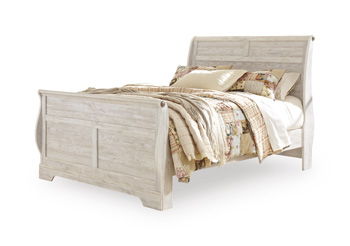 Whitewash queen sleigh bed rails, light wood with carved panel sides