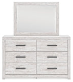 Whitewash dresser with 6 drawers and large mirror, gray bar pulls