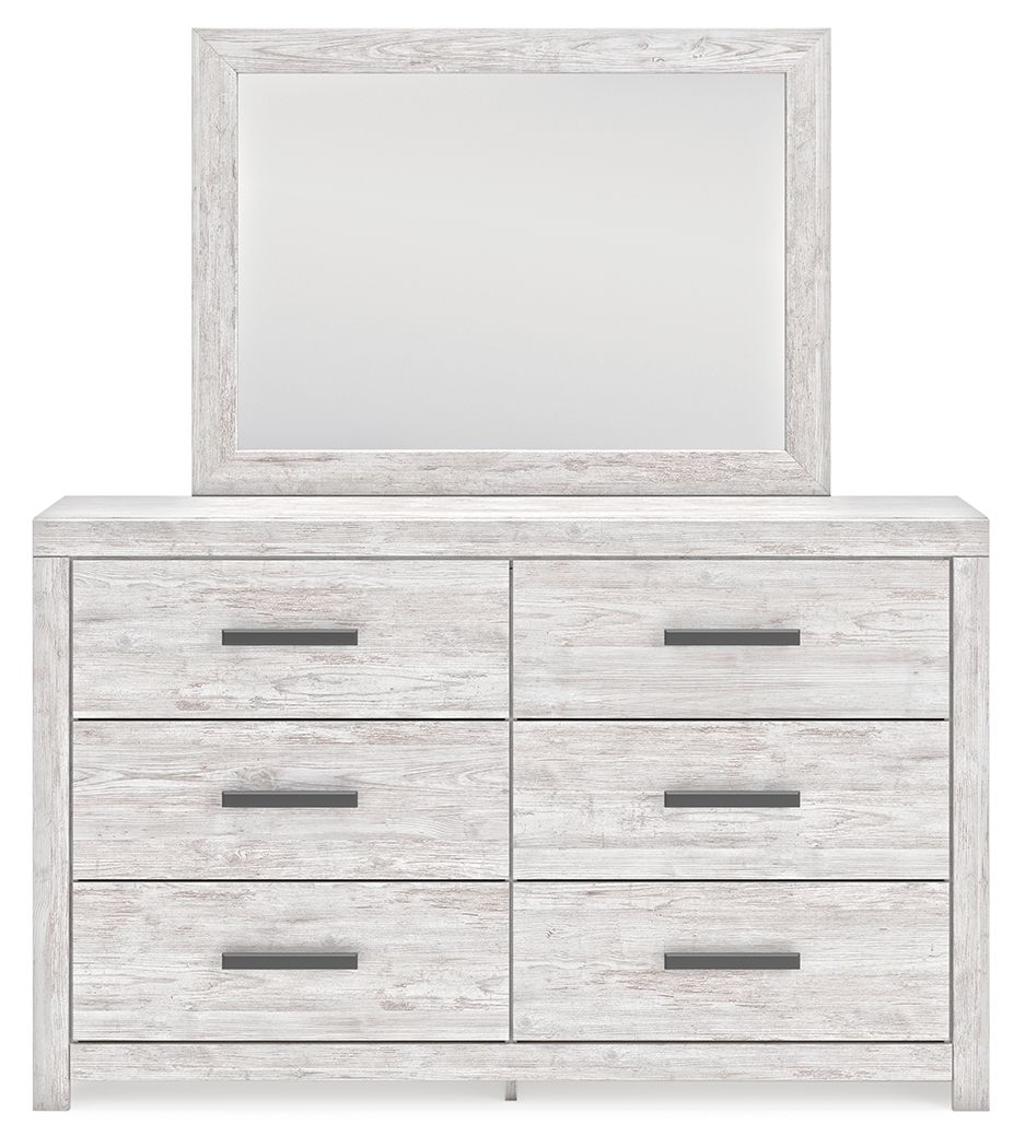 Whitewash dresser with 6 drawers and large mirror, gray bar pulls