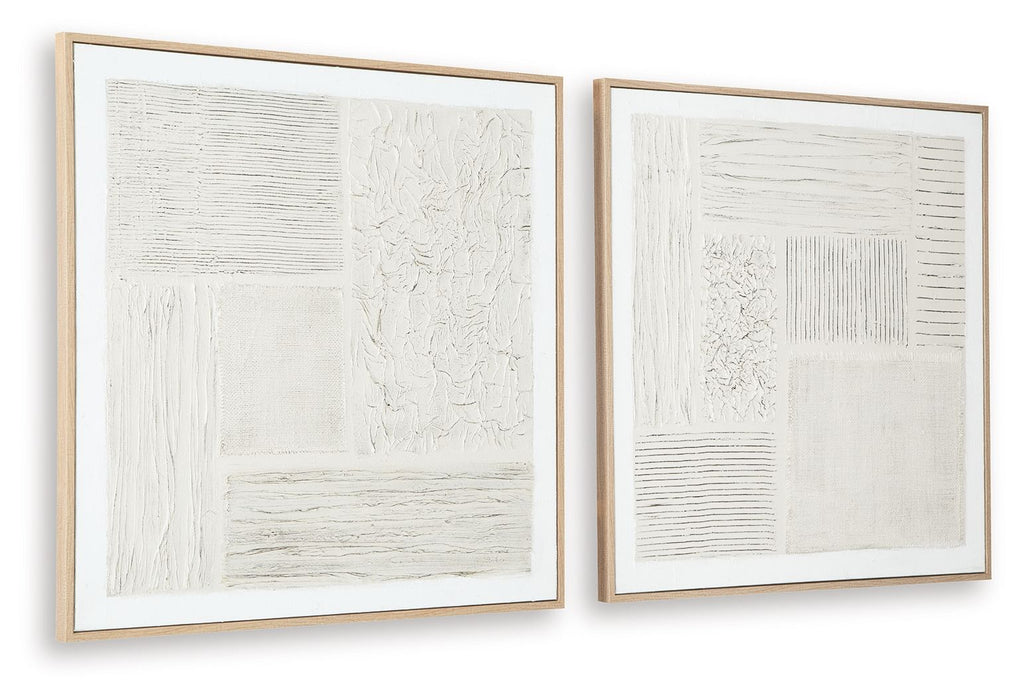 Pair of framed abstract wall prints with layered textured patches and lines; beige frames