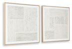 Pair of framed abstract wall prints with layered textured patches and lines; beige frames