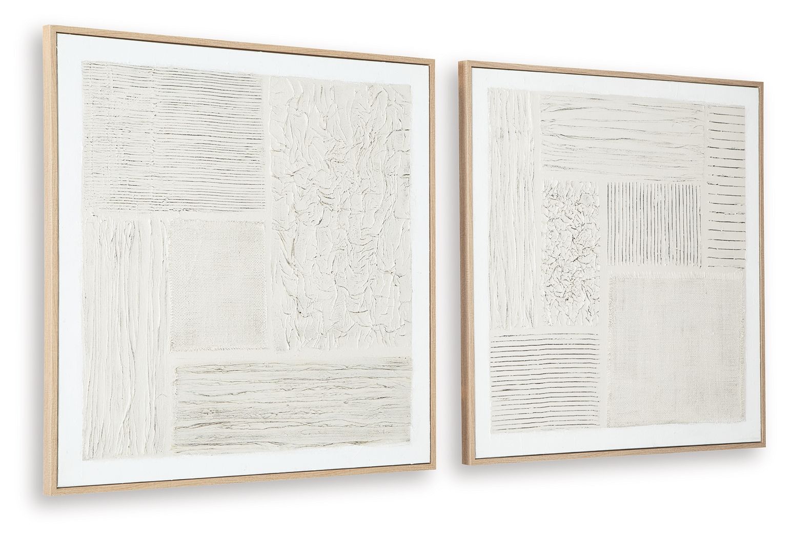 Pair of framed abstract wall prints with layered textured patches and lines; beige frames