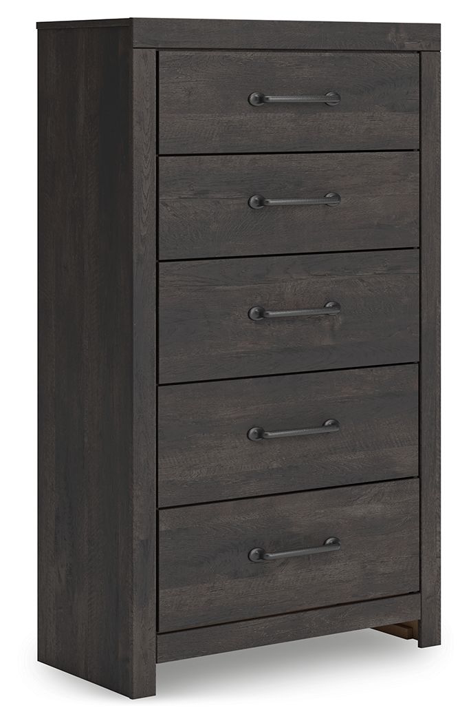 Dark gray five-drawer chest with metal bar pulls and straight drawer fronts