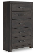 Dark gray five-drawer chest with metal bar pulls and straight drawer fronts