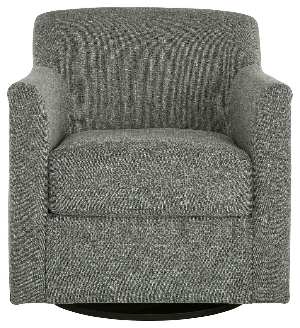Light gray swivel accent chair with upholstered seat, padded arms, and base