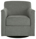 Light gray swivel accent chair with upholstered seat, padded arms, and base