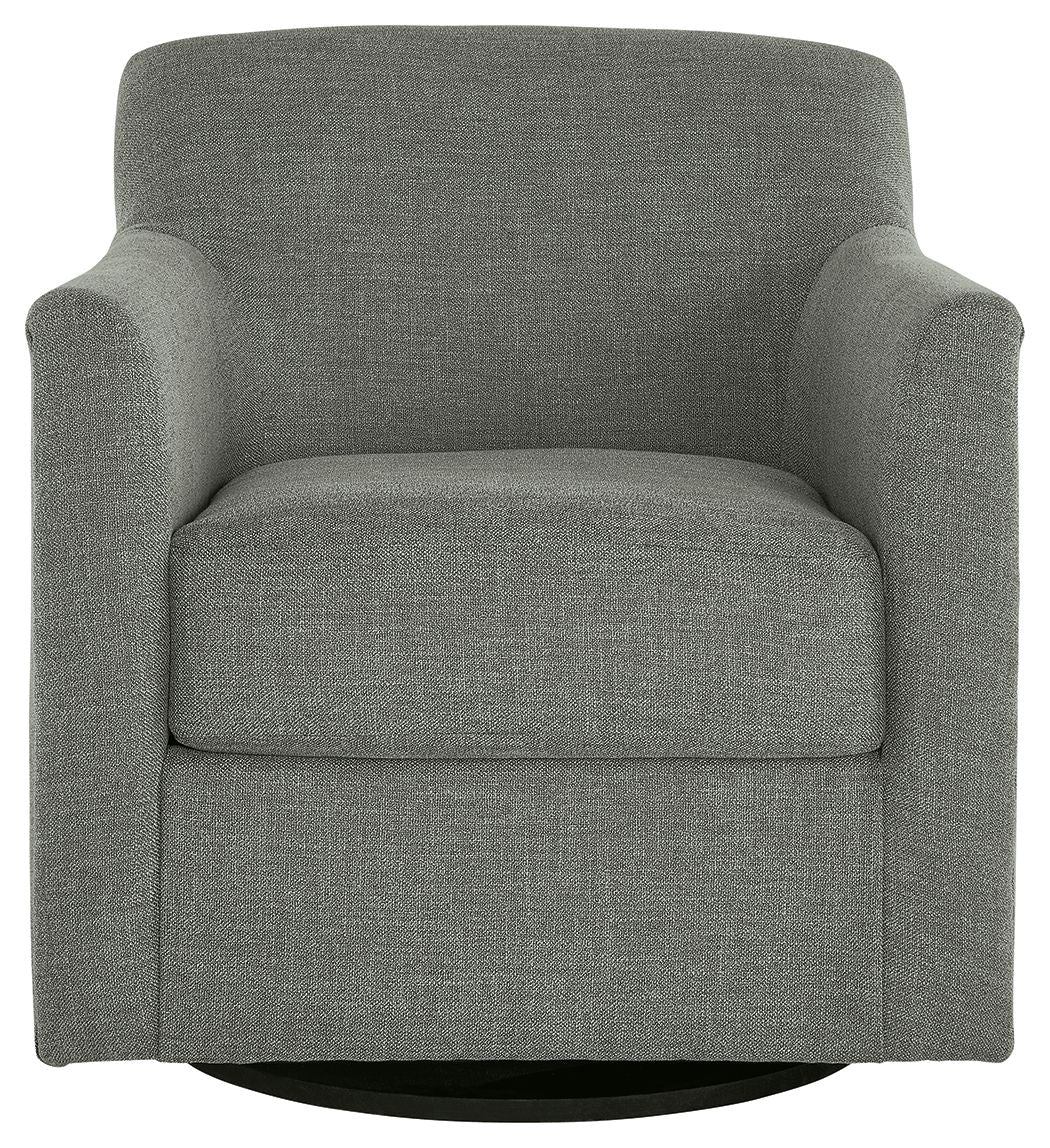 Light gray swivel accent chair with upholstered seat, padded arms, and base