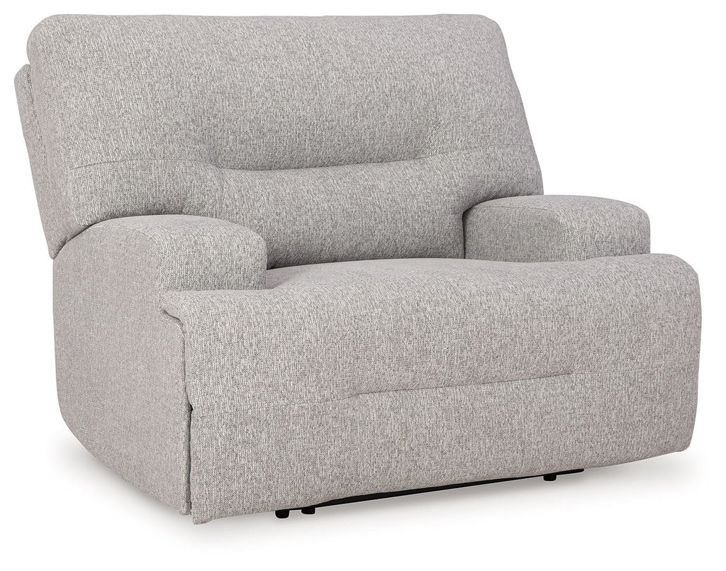 Wide seat power recliner in light gray, reclined seat and rounded armrests.