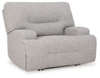 Wide seat power recliner in light gray, reclined seat and rounded armrests.