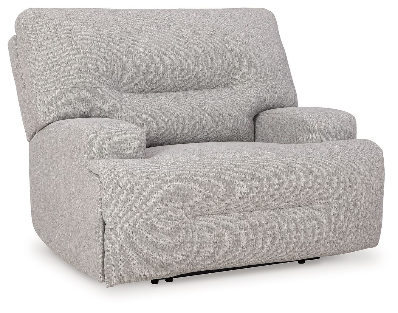 Wide seat power recliner in light gray, reclined seat and rounded armrests.