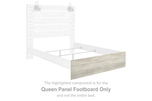Queen panel footboard, whitewashed wood with horizontal slats and squared legs.