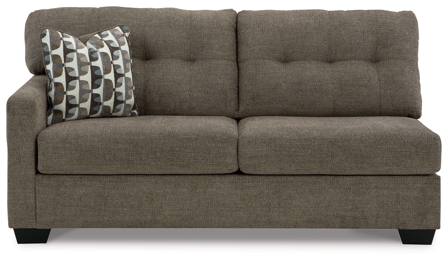 Chocolate-brown fabric full sofa sleeper with tufted arms and patterned pillow